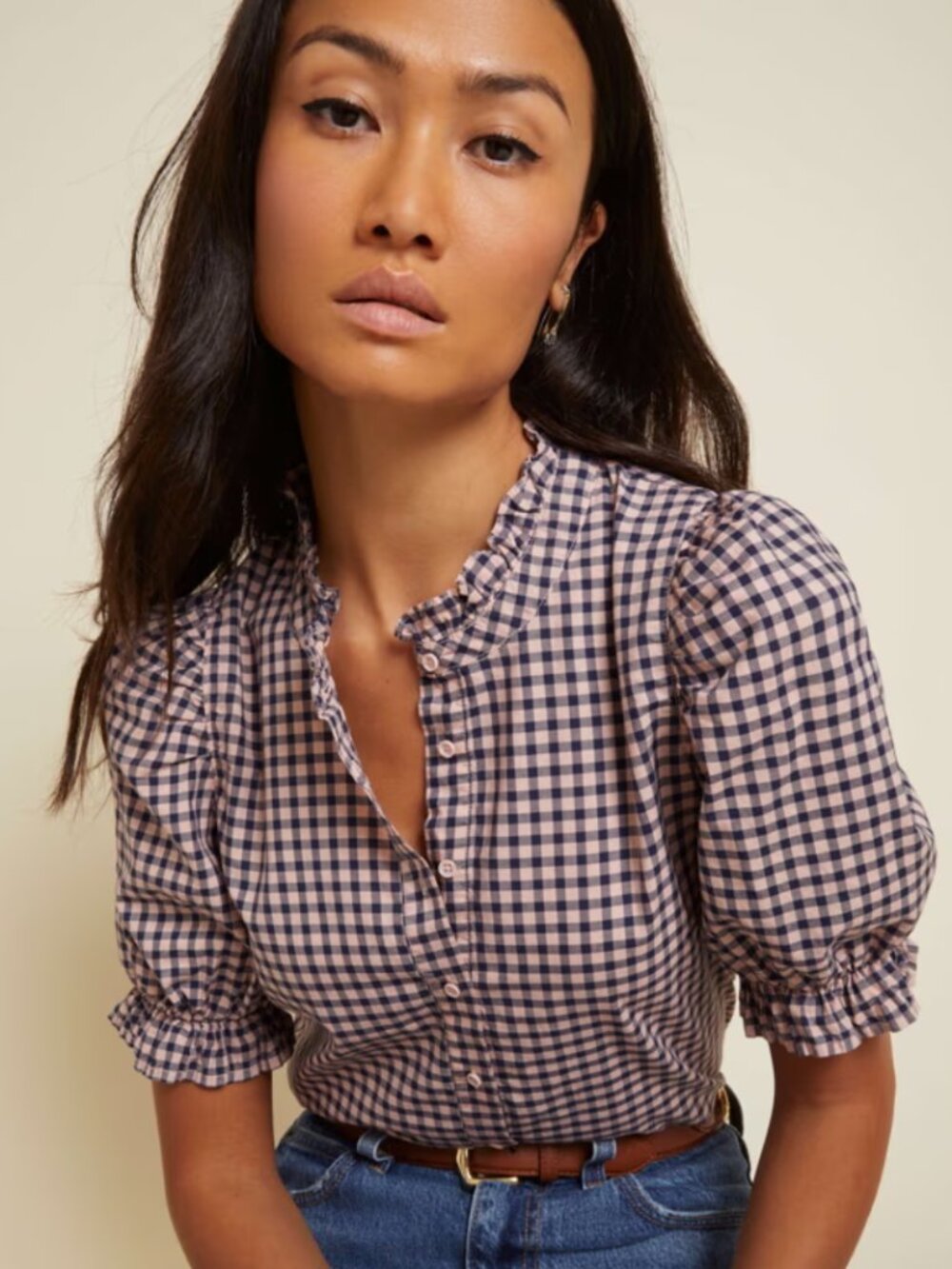 Nation Los Angeles Suzette Gingham Puff Sleeve Ruffle Blouse | Size Small